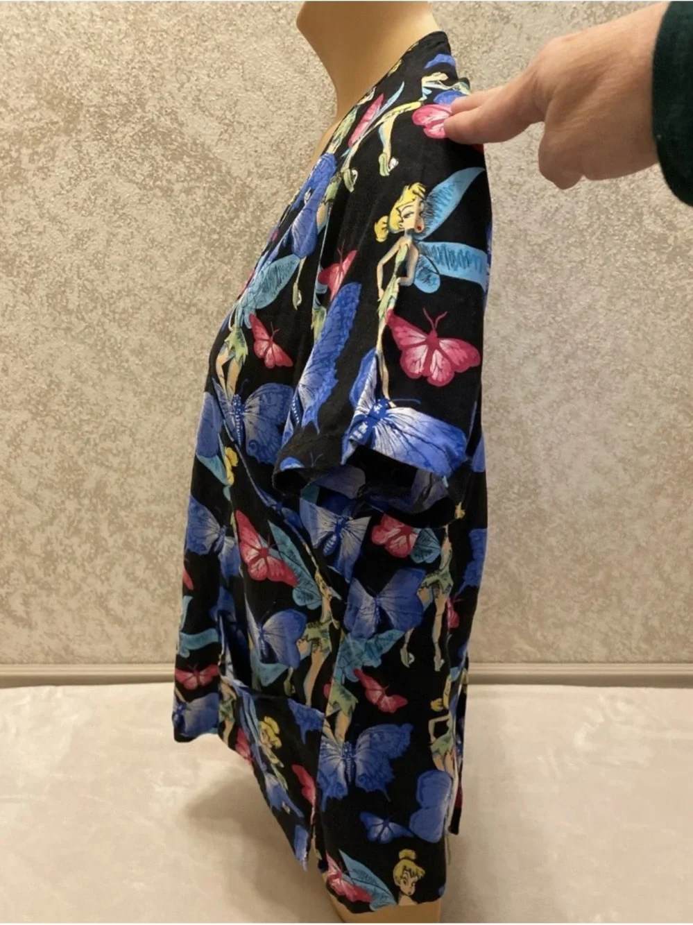 Disney Black V-Neck Short Sleeve Scrub Top with Blue & Pink Butterfly Print